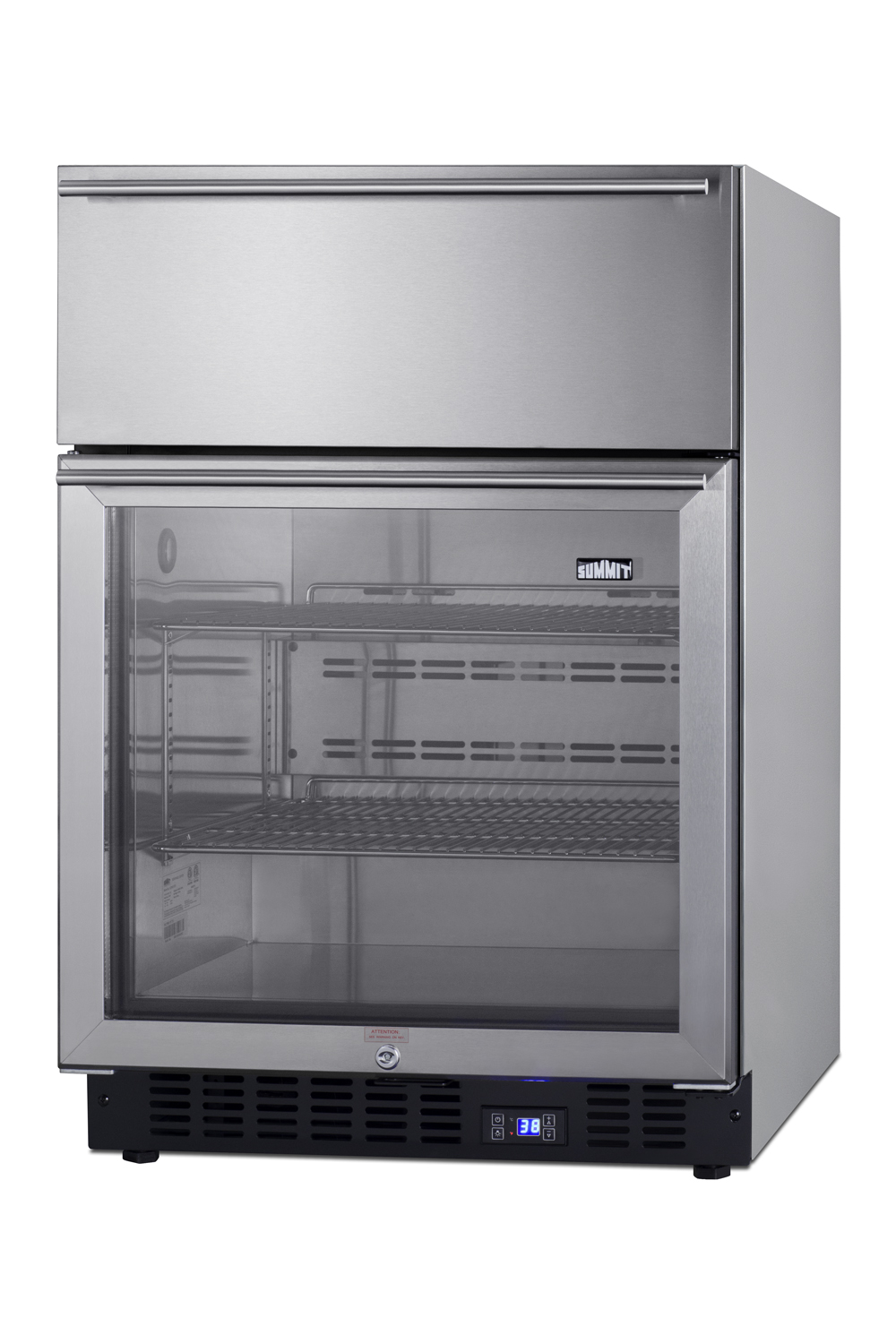 Commercially approved 4.76 cu.ft. undercounter beverage center with SS cabinet, glass door, and upper refrigerated drawer compartment
